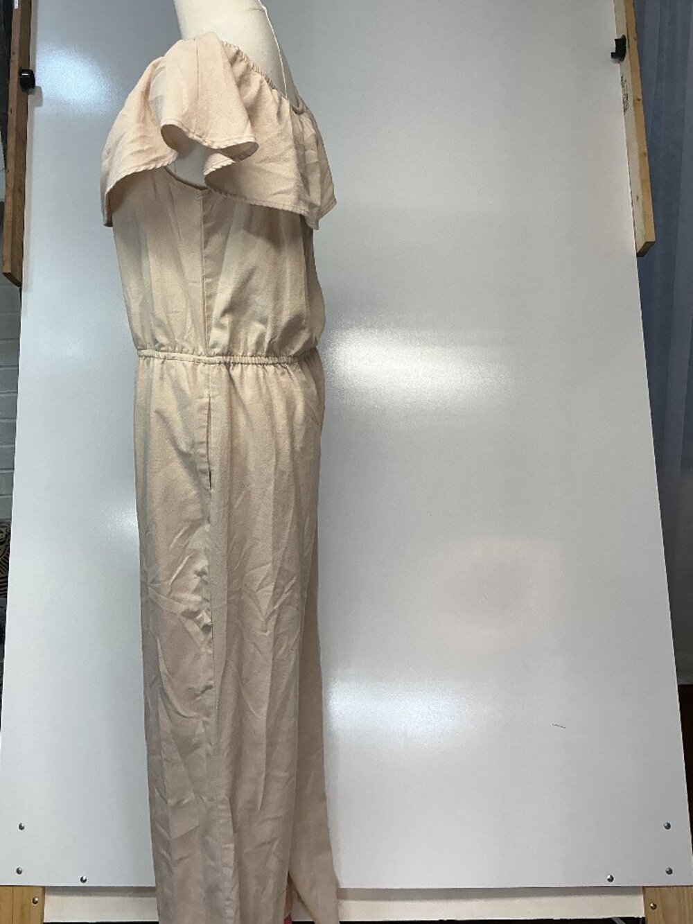 CI SONO Los Angeles Linen Blend Ruffle Wide Leg Jumpsuit Khaki Coastal Boho M - Picture 3 of 10